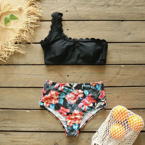 

swimsuit women 2021 high waist bikini set one shoulder floral biquini female push up bathing suit beachwear1