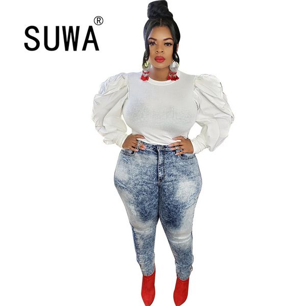 Womens Slimming sexy camisetas White o pescoço manga comprida vintage mulheres camiseta escritório senhora túnica por atacado plus size roupas 210525