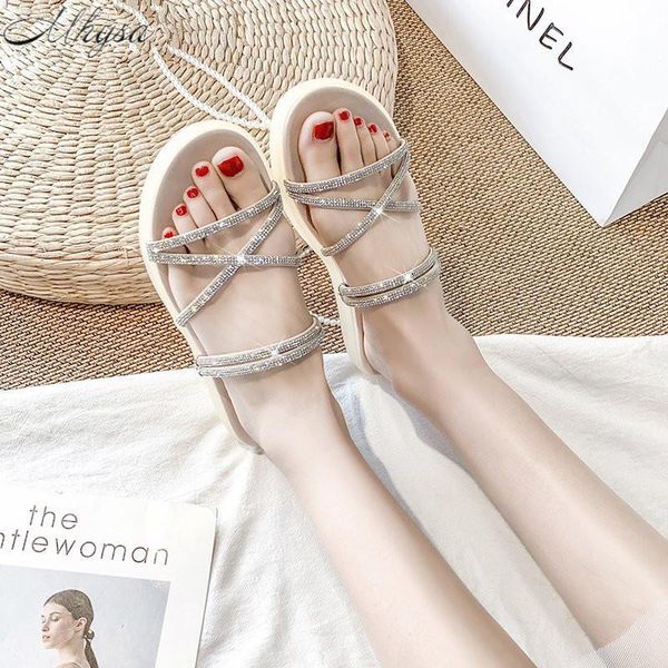 

summer fashion comfortable round toe women's sandals set feet rhinestones solid color casual outdoor beach shoes, Black