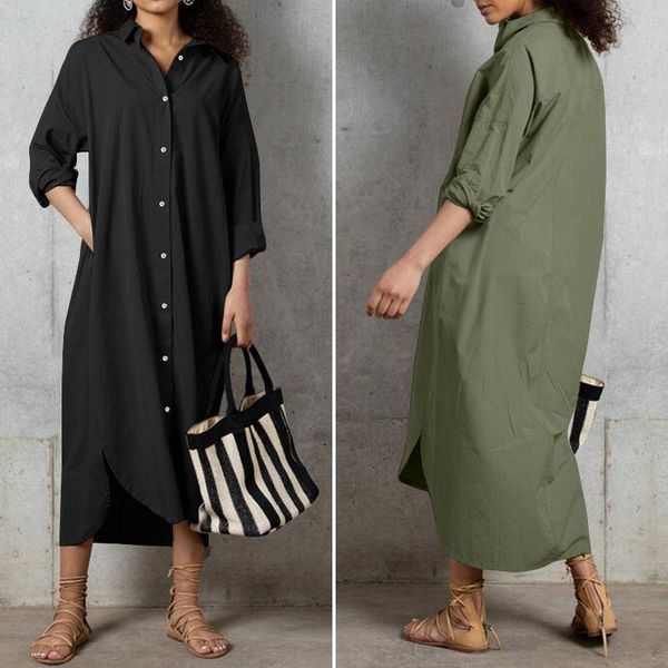 

casual dresses zanzea autumn lapel neck long sleeve sundress loose solid vestidos robe femme elegant women buttons down shirt dress, Black;gray