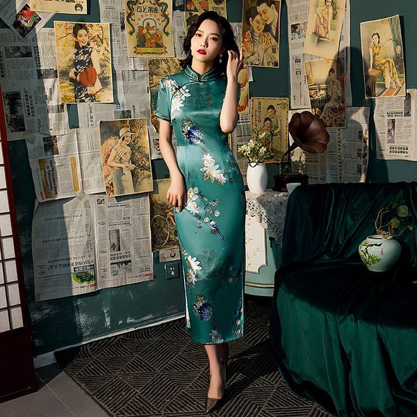 

green printed rayon satin cheongsam traditional chinese ladies qipao silm short sleeve novelty long dress, Red