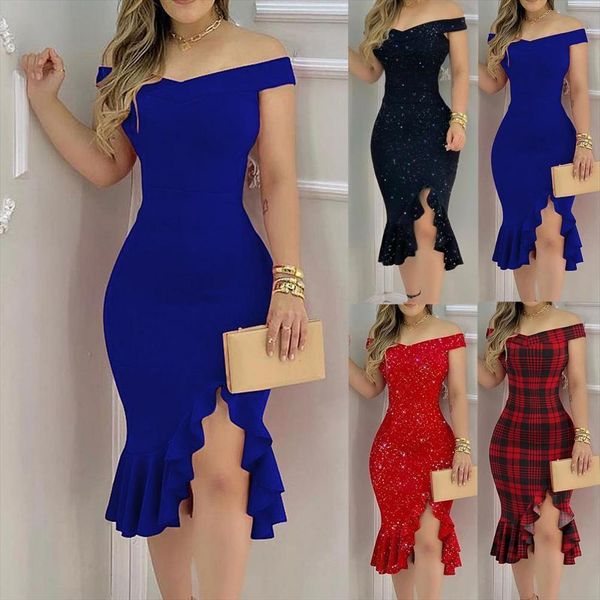 

elegant party fashion solid women dresses sequin off shoulder split ruffle color bodycon, Black;gray