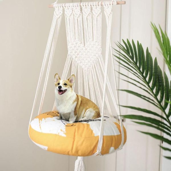 

cat beds & furniture pet hammocks chair handmade hanging cream white crochet macrame cats dogs bed supplies 121x42cm @45