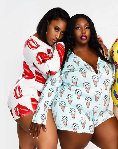 

plus size sleepover us women romper dollars ice cream print long sleeve bodysuit jumpsuit pink pajama partys xl 5xl, Black;white