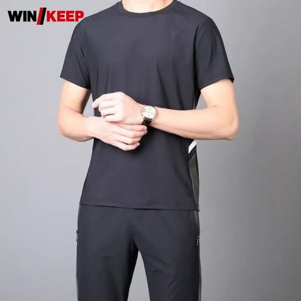 

running sets summer men loose casual sportswear o-neck short sleeve t shirt elastic waist sweatpants two piece set ankle length pants, Black;blue