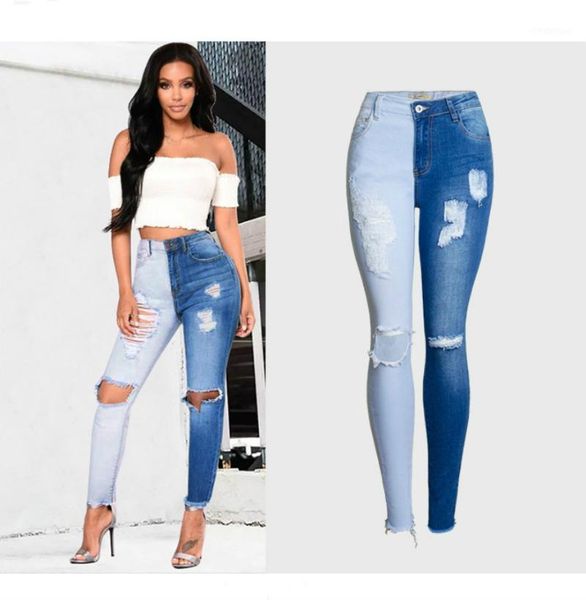 

women's jeans skinny ripped woman 2021 contrast color slim for women denim pants plus size 4xl, Blue