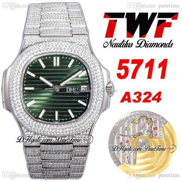 

2022 twf paved diamonds 5711 324sc a324 automatic mens watch green texture dial stick markers fully iced out diamond bracelet super edition, Slivery;brown
