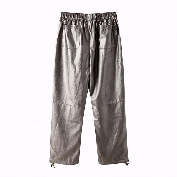 

men's high street fashion casual straight jogger pu leather pants streetwear mens loose fit hip hop punk men and women, Black