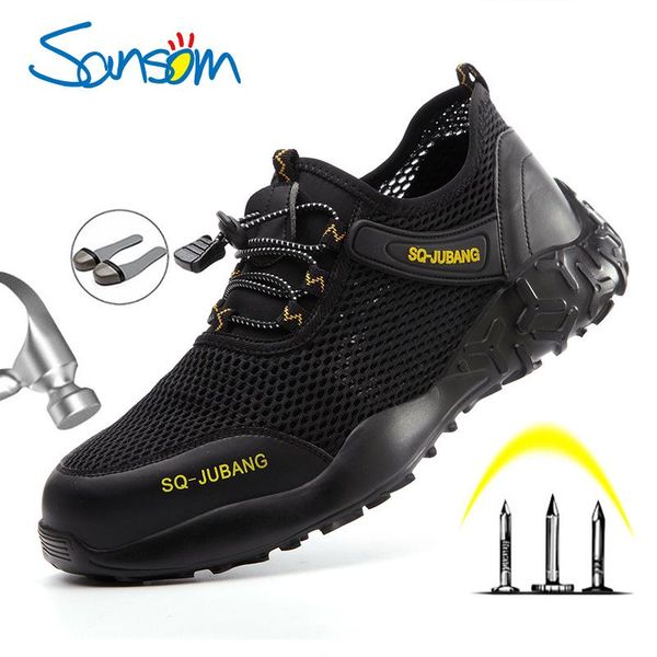 

boots sansom safety work shoes for men summer breathable anti-smashing steel toe cap working sneakers, Black
