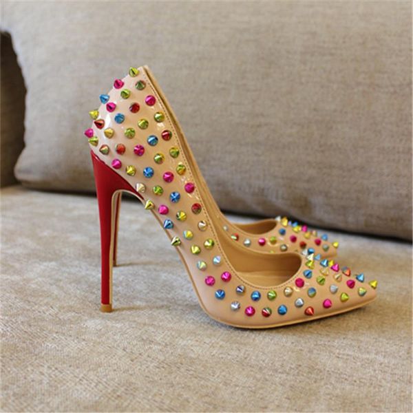 

dress shoes 2021 fashion women nude patent leather studded poined toe stiletto high heel pump high-heeled wedding, Black