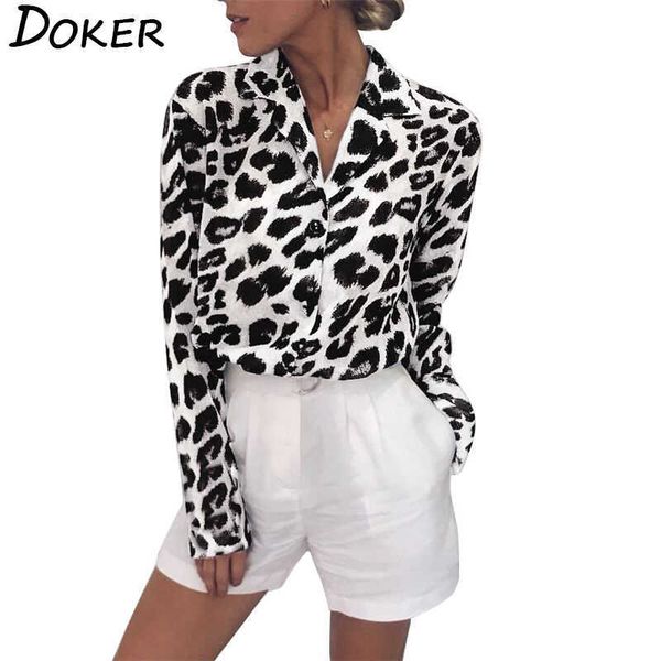 

women blouses shirts v-neck long sleeve chiffon blouse leopard print shirt casual work wear blusas mujer de moda 210604, White