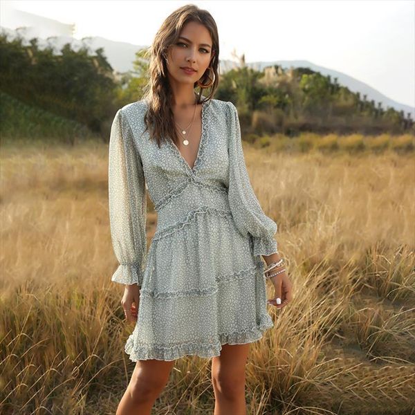 

spring backless v neck women dresses cake printed full sleeve ruffles summer, Black;gray