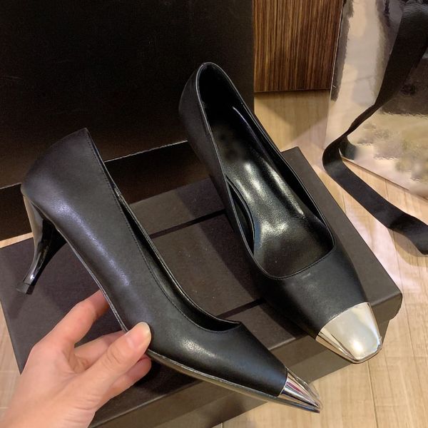 

womens high-heeled pumps shoes shallow mouth square cut vamp with metal toe cap heel 6cm color black size 34-40
