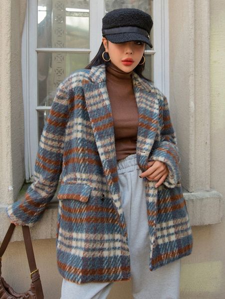 

dazy plaid pattern lapel neck double breasted overcoat e4bm#, Black