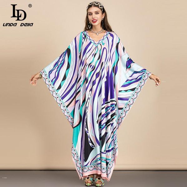 

della 2021 summer designer bohemian long dress women v-neck batwing sleeve geometry stripe print loose maxi robe casual dresses, Black;gray