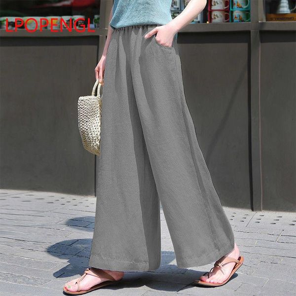 

women's pants & capris casual linen high waist women fashion loose wide leg female plus size ankle-length summer beach s-2xl, Black;white
