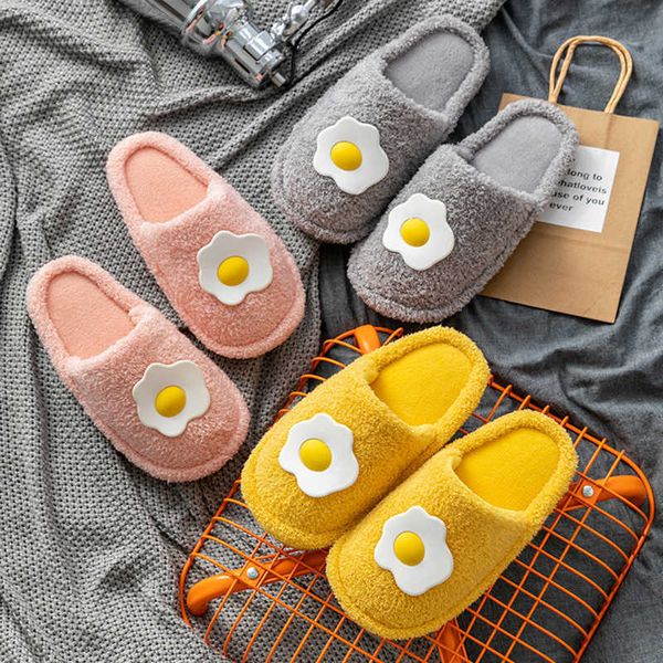 

winter slippers for women men warm flock solid home shoes cute egg casual plush slip soft comfortable bedroom slippers footwear h0827, Black