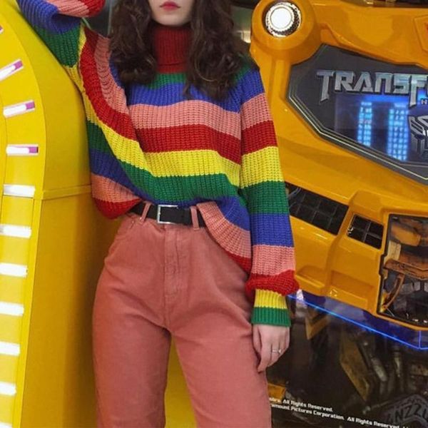 

women's sweaters women autumn lantern long sleeve sweater turtleneck rainbow colorblock striped pullover harajuku oversized loose knit, White;black