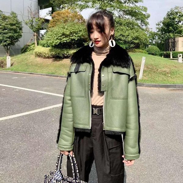 

women's fur & faux winter coat women 2021 fashion short style moto biker double-faced natural real sheep wool jacket thick warm fn0091, Black