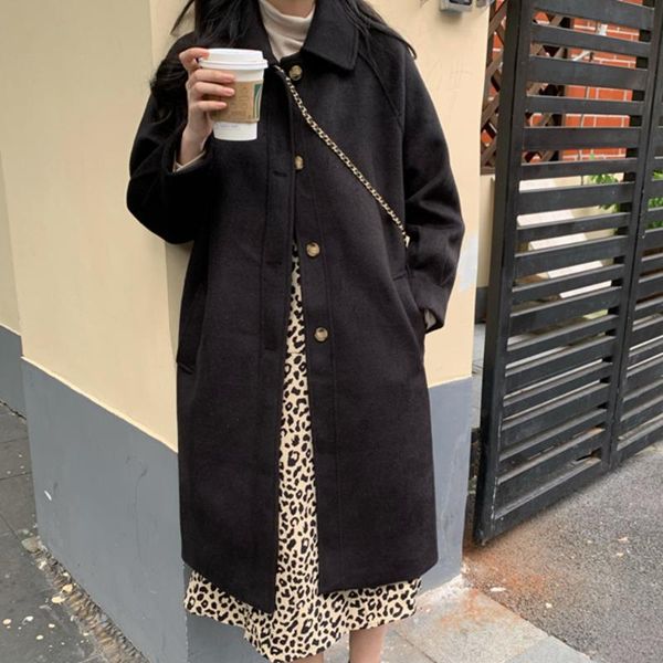 

women's wool & blends autumn and winter korean 2021 french coat with loose temperament medium long lapel sleeve tweed for, Black