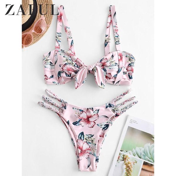 

plant print braided strappy pleated bikini swimsuit one-piece suits