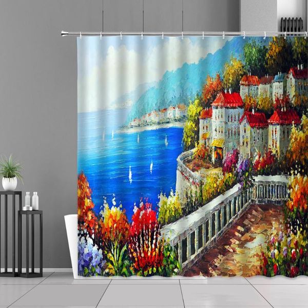 

european oil painting sea scenery shower curtains seaside house ship landscape bathroom curtain water color art home decor cloth