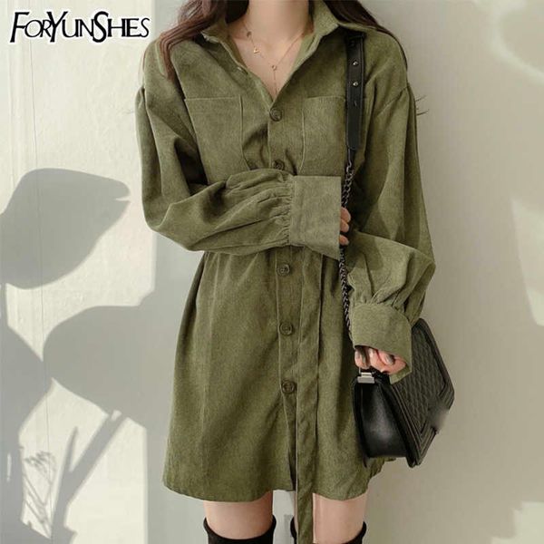 Retro exército verde corduroy engrossar casual vestido curto coreano faixas elegantes escritório chique senhora streetwear cintura alta vestidos 210709