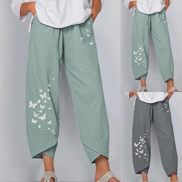 

women's pants & capris 2021 summer ladies cotton linen wide-leg loose butterfly print women casual trousers streetwear, Black;white