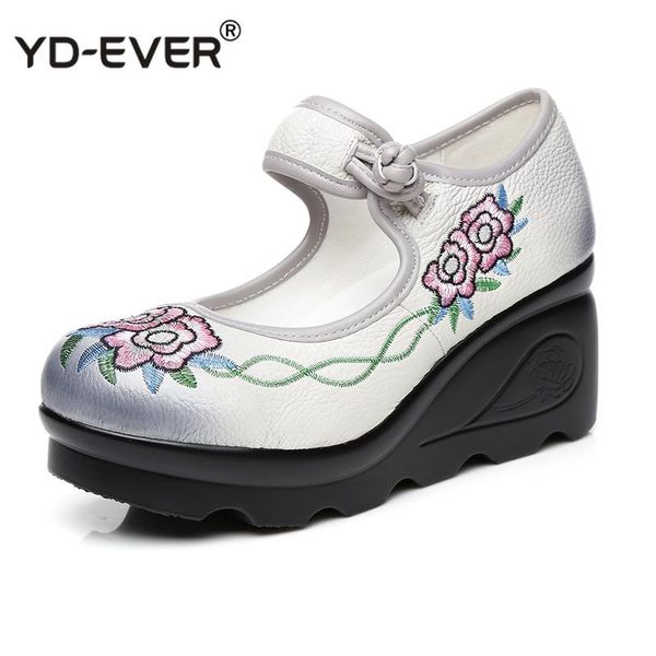 

dress shoes spring handmade platform wedges women pumps flower embroider genuine leather casual high heels, Black