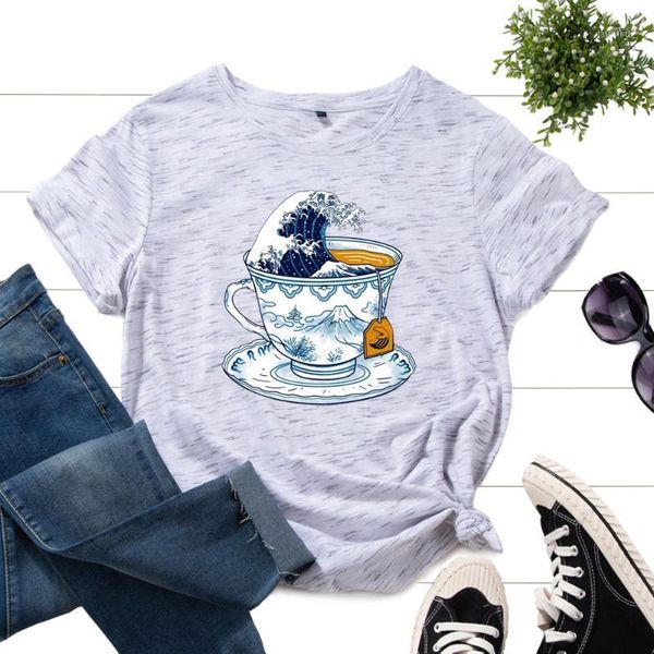 

women's t-shirt graphic tee for women cotton print t shirts short sleeve crew neck summer female clothes tea coffee cup ocean sea wave, White
