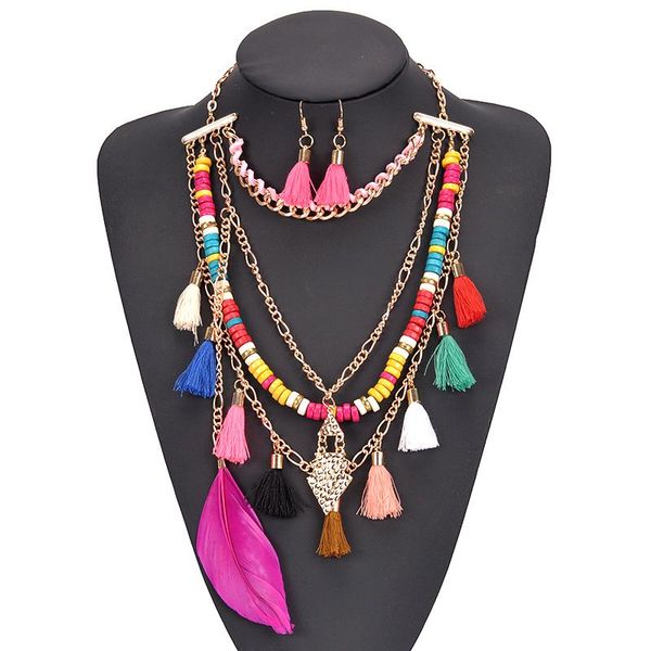 

earrings & necklace jewelry sets multi layer golden alloy chain bohemia handmade seed beads cotton tassel feather pendants choker, Silver