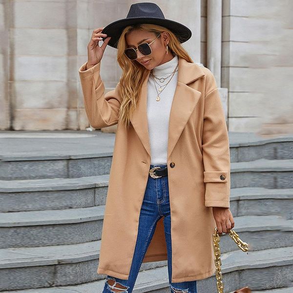 

women's trench coats windbreaker mid-length 2021 autumn and winter suit collar solid color one button long-sleeved ladies casual jacket, Tan;black