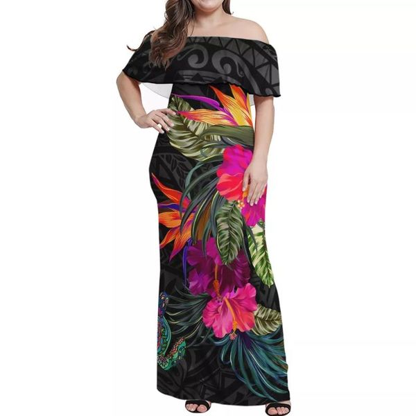 

plus size dresses hycool up to 7xl off the shoulder summer dress polynesian floral print maxi bodycon casual ruffle custom, Black