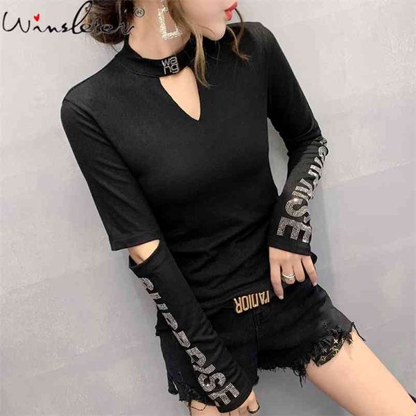 

tshirt women solid hollow out diamonds letters cut on sleeve slim stretchy long spring autumn t0d516a 210421, White