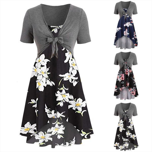 

summer short sleeve bandage women dresses floral print set plus size beach boho loose midi female elegant r5, Black;gray