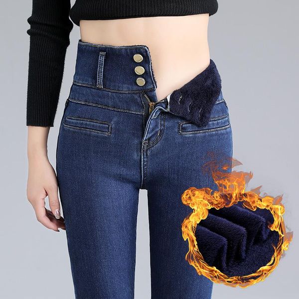 

women's jeans ladies plus velvet super high waist skinny winter warmth belly retro blue black thick elastic denim pencil pants