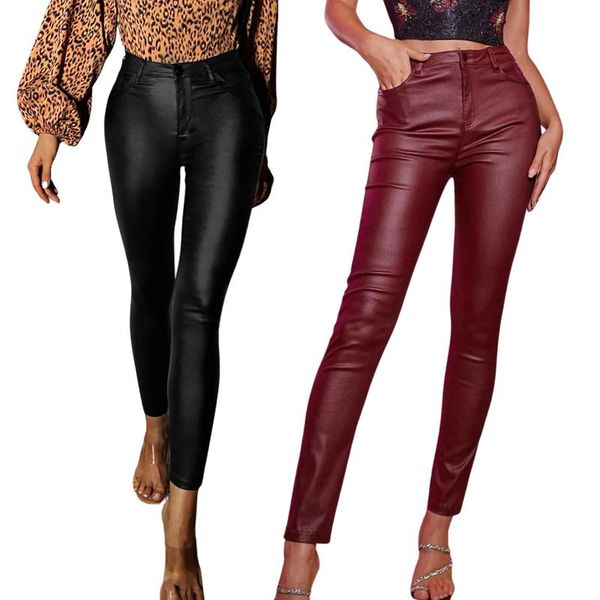 

women's pants & capris women leather high waist wrapped slimming side pockets solid color casual party fall trousers, Black;white
