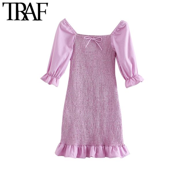 TRAF Mulheres Chic Moda Ruffled Stretch Stretch Slim Bainha Mini Vestido Vintage Quadrado Collar Manga Curta Vestidos Female 210415