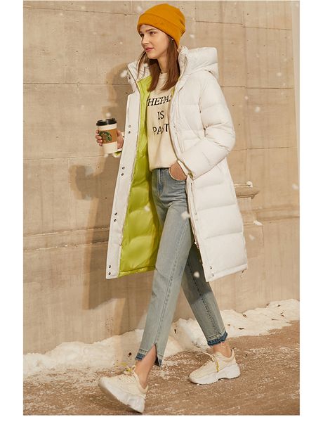

simple 90 white duck downs collar with hat women's 2021 large warm long coat wholesale big size contrast down jacket, Black