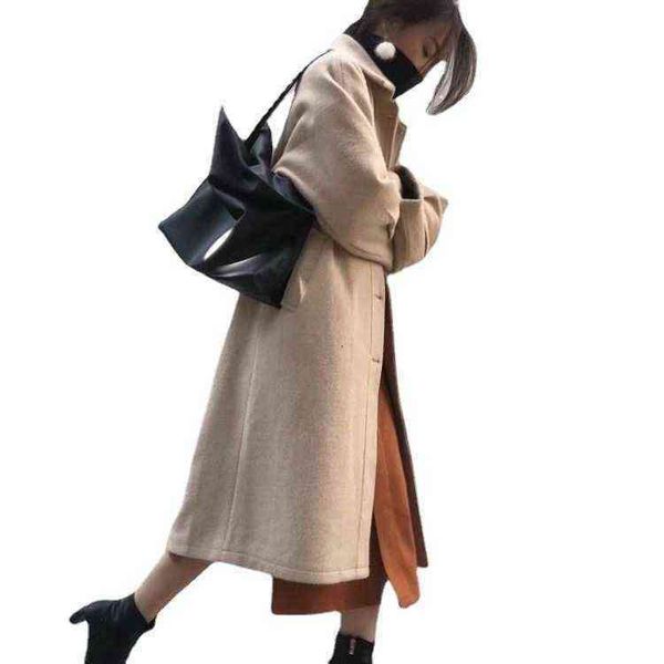 

woolen coat women's middle and long 2021 winter chic sen small over knee student woolen thickened, Black