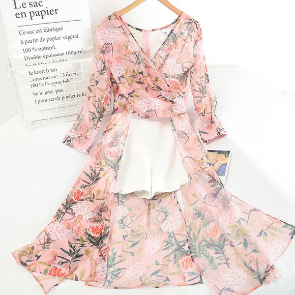 

summer women elegant floral print shorts two piece set casual long sleeve asymmetrical chiffon shirt and white 210423