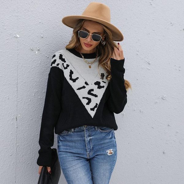 

women's sweaters leopard knit sweater pullover women fall 2021 loose thin contrast color long sleever female o neck soft jumper warm, White;black