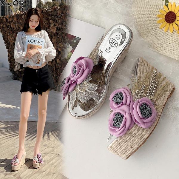 

summer sweet flower wedge women sandals open-toed women's shoes, Black
