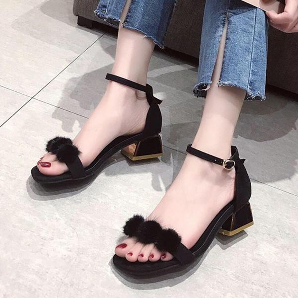 

dress shoes fashion womens ankle buckle high-heeled sandals thick heel open toe peep british wind square for travel apr 11, Black