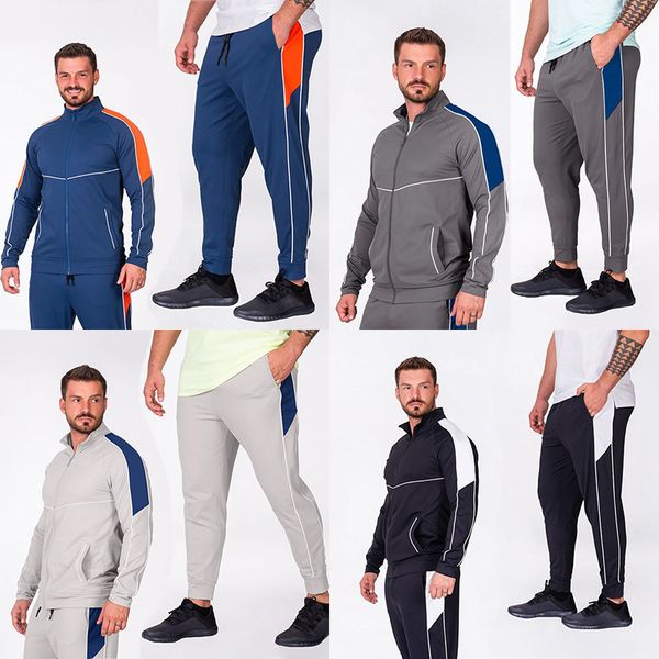 

european and american tracksuits casual suits men's autumn stand-up collar cardigan sports men sportswear suit, Gray