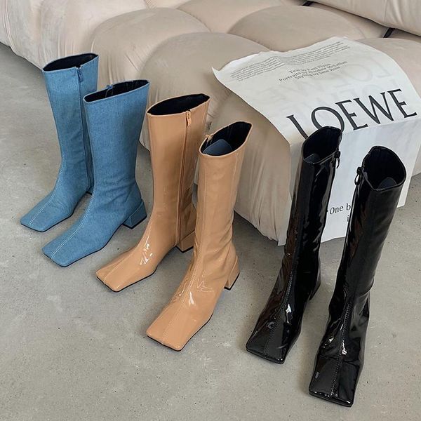 

boots monmoira patent leather square toe long knee riding women 2021 side zip med heel brand design denim, Black