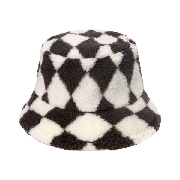 

fashion designers spot goods caps autumn and winter europe america cross border warm geometric rhombus plaid fisherman hat lamb wool warming, Blue;gray