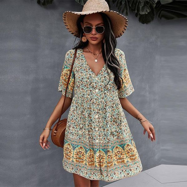 

party dresses 2021 floral print summer short dress women casual v neck bohemian sleeve for woman fashion spring, White;black