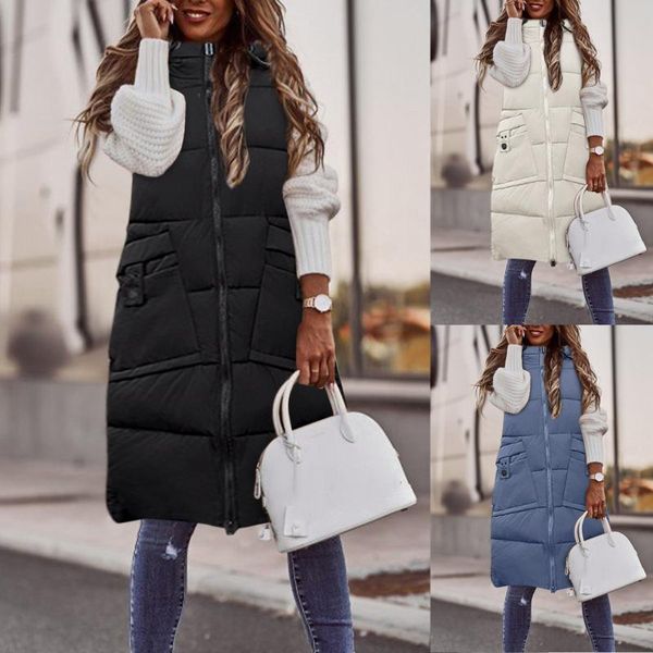 

women's vests winter waistcoat sleeveless long down coat hood warm with pockets quilted vest female jacket t6, Black;white