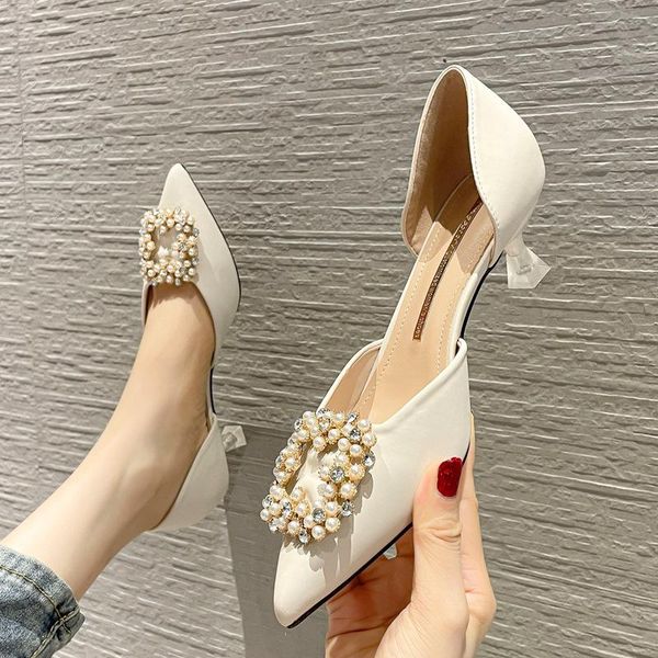 

dress shoes 2021 the pointed thin-heeled hollow wedding for female rhinestone square - buckled cat are black work